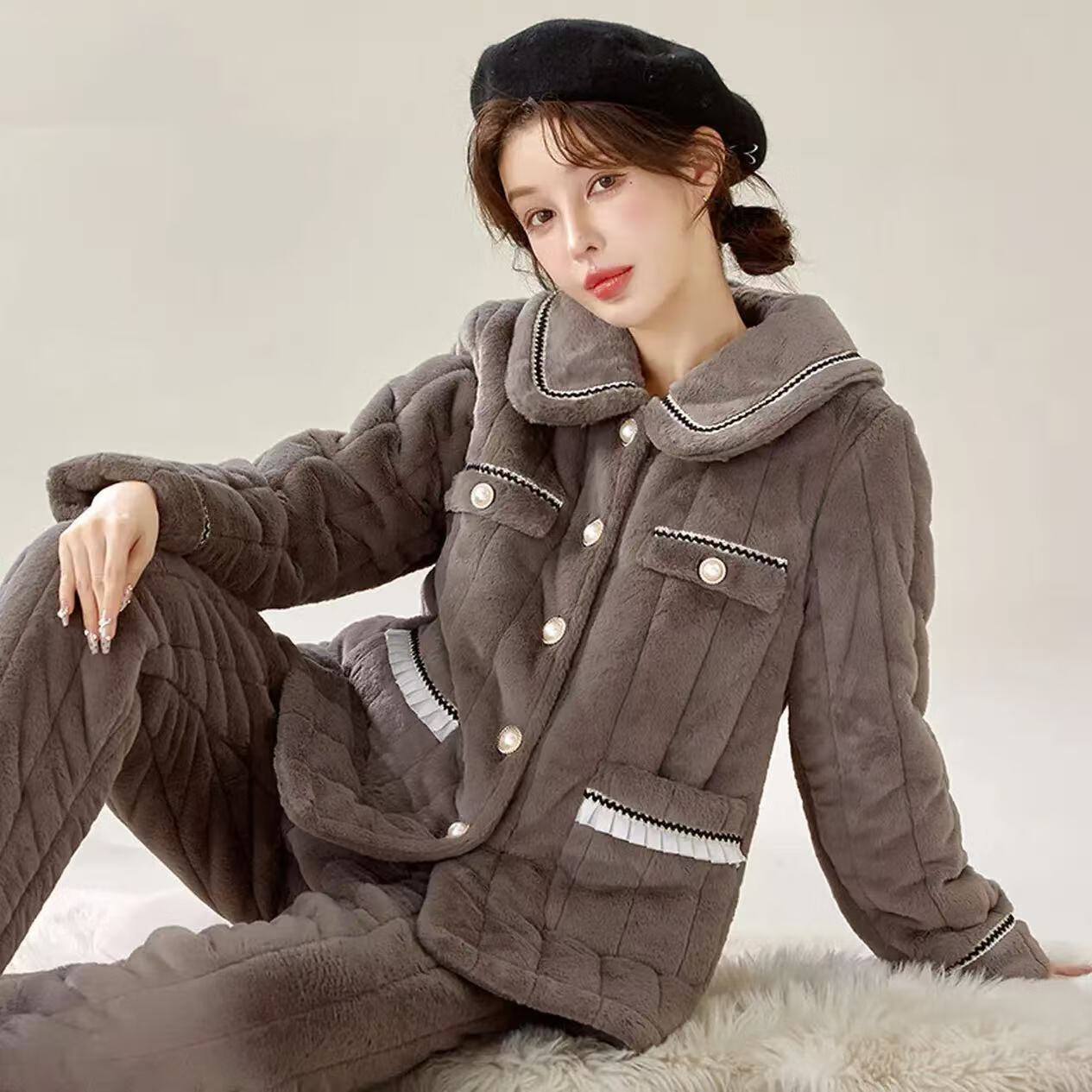 chunnian睡衣女秋冬加绒加厚珊瑚绒三层夹棉袄法兰绒女士保暖家居服套装 KJ-803 XL