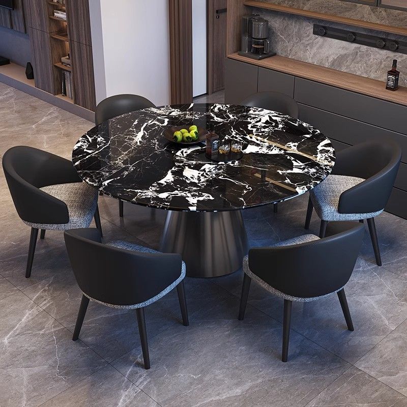 布欧格意式天然超晶石轻奢餐桌椅组合圆桌简约大理石餐桌家用饭桌带转盘 1.2米70CM转盘+4罗森椅