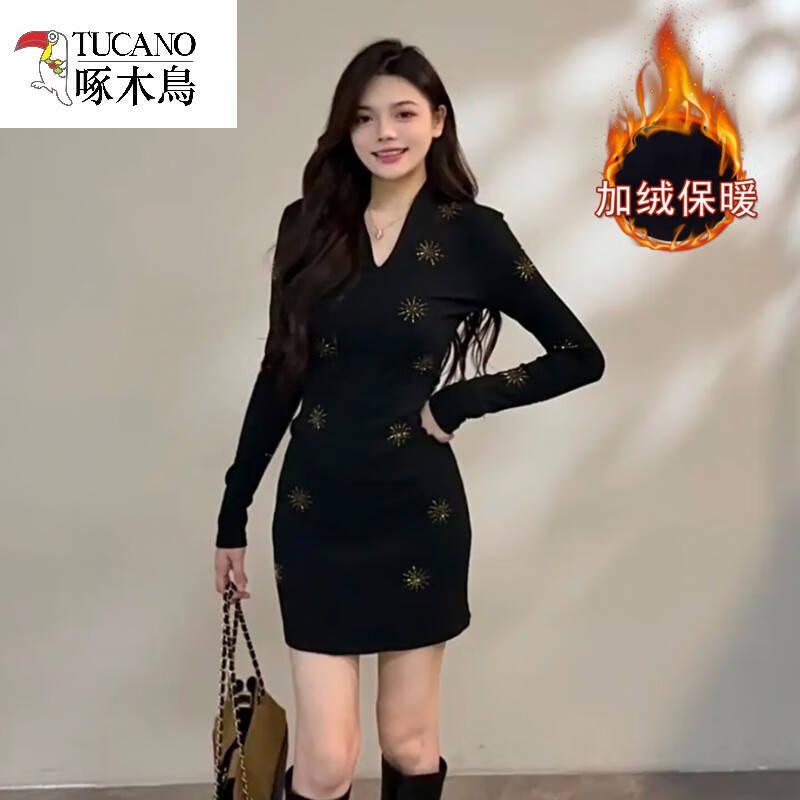 啄木鸟（TUCANO）高级感重要场合漂亮连衣裙女秋冬新款V领烫钻小香风加绒打底短裙 黑色连衣裙 S （80-98斤）