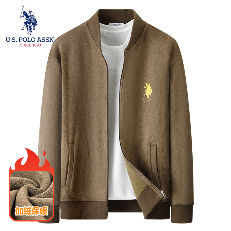 U.S. POLO ASSN.保罗开衫卫衣男士春秋季上衣百搭纯色青年装麂皮绒立领拉链外套男 咖啡 M