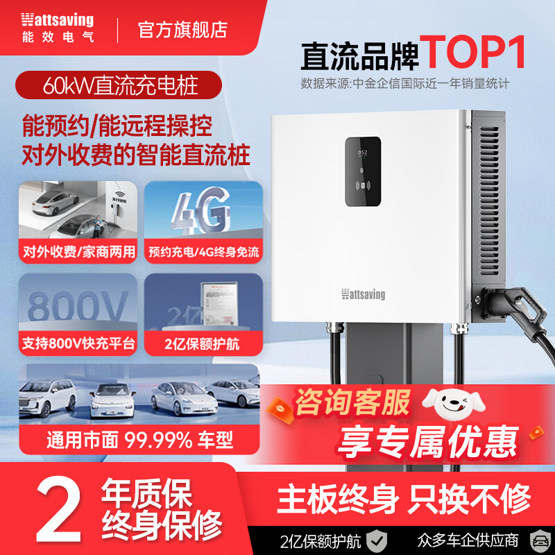 Wattsaving能效电气直流充电桩30 40 60kW壁挂式380v快充天穹T60适配于蔚来小米极氪问界小鹏红旗EMQ5特斯拉 T60Neo S 共享版-白色 壁挂式-8米枪线
