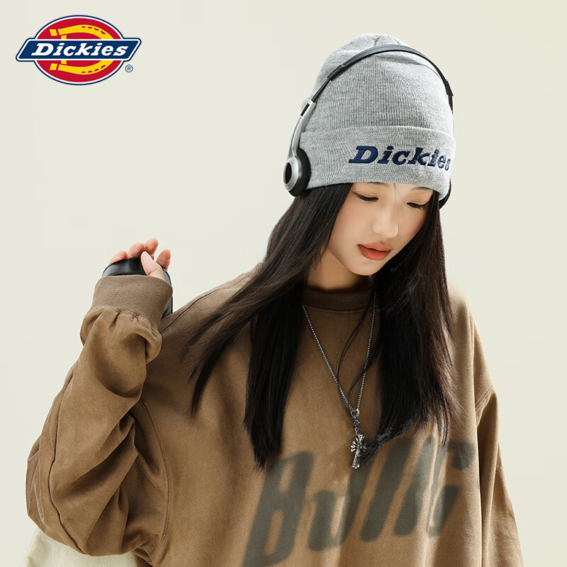 Dickies品牌保暖针织帽子秋冬季男士毛线帽女滑雪冷帽骑行防风防寒护耳帽 灰色男女情侣款【加绒款】 58CM（均码）