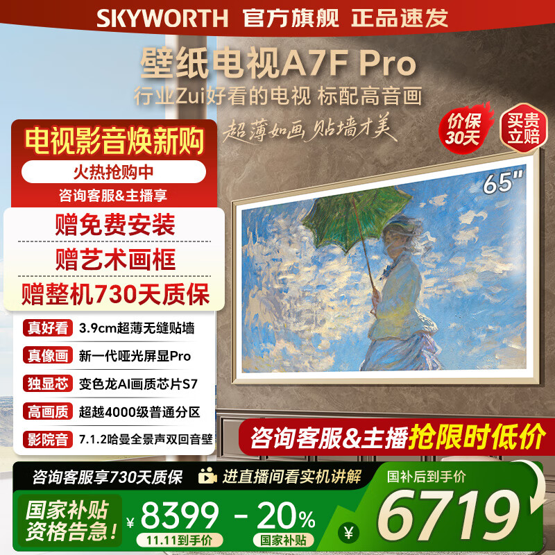 创维壁纸电视65A7FPro 65吋超薄壁画艺术mini led 智能平板4K液晶电视机 A7EPro升级款 65英寸 