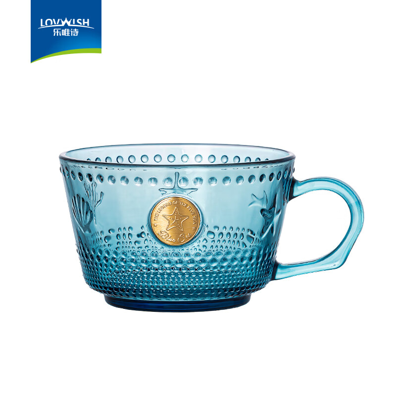 NERVISHI原色海洋风浮雕玻璃杯复古带把墨蓝小水杯咖啡杯奶茶杯饮料杯子 海洋浮雕奶杯【原色玻璃】380ml*1