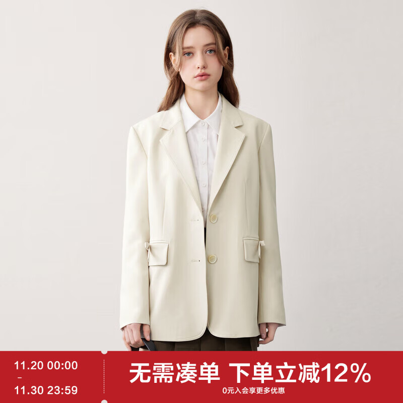 乐町韩系学院风口袋蝴蝶结休闲宽松西装外套 米白(现货) XS