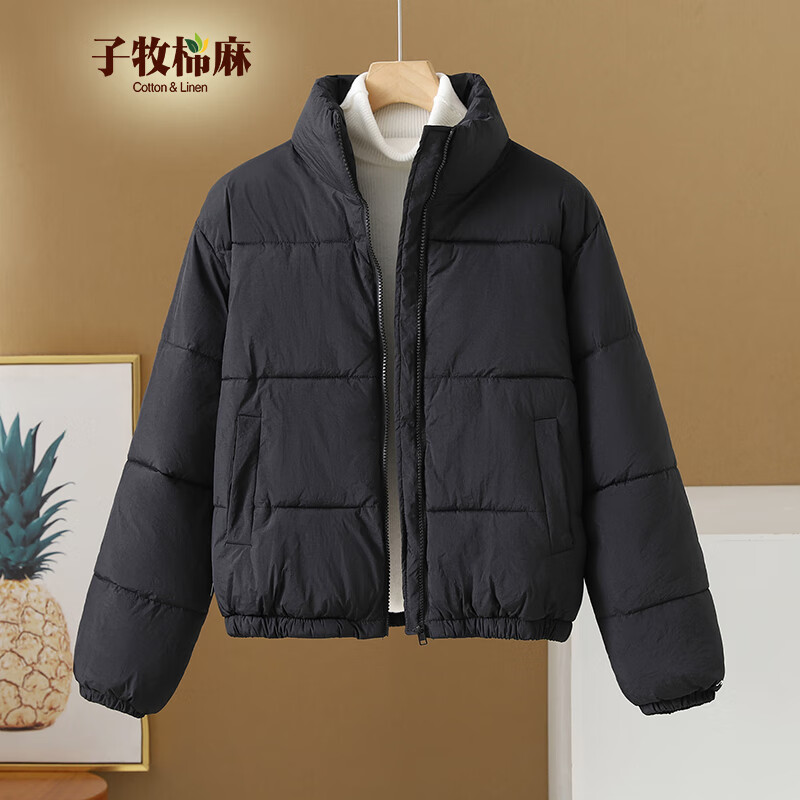 子牧棉麻冬装 女韩版棉服立领开衫棉袄宽松加厚显瘦棉衣外套9522 黑色 L (建议120-140斤)