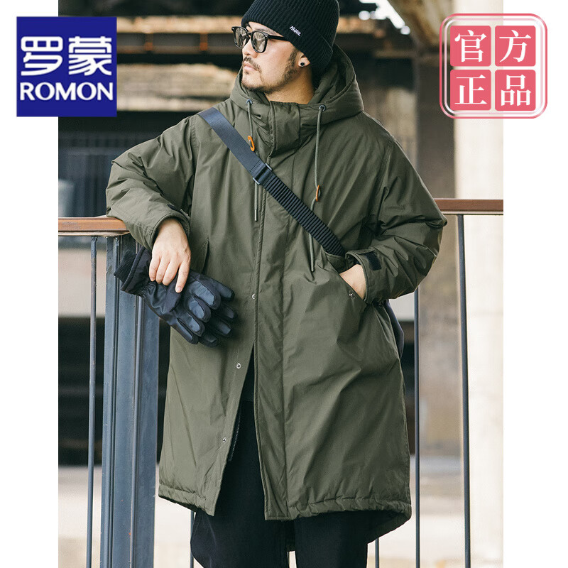罗蒙（ROMON）2025冬季新款日系复古燕尾羽绒服男中长款加厚保暖白鸭绒连帽外套 军绿色 M