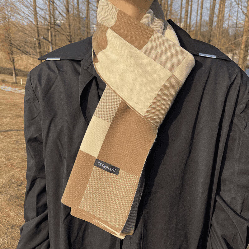 迈雷驰针织男围巾新款男士围巾仿羊绒毛线围巾拼色男围脖 卡其色_小标方块 175cm-180cm