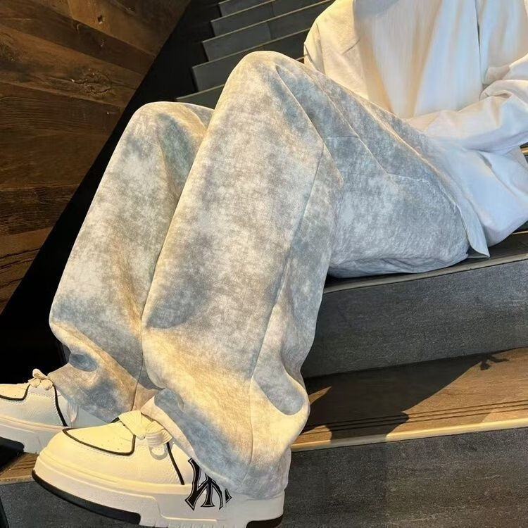 东馨鸟扎染休闲新款休闲裤美式春秋复古薄款宽松长裤直筒潮流脏脏裤裤子 黑色 5XL[建议200-220斤] 均码