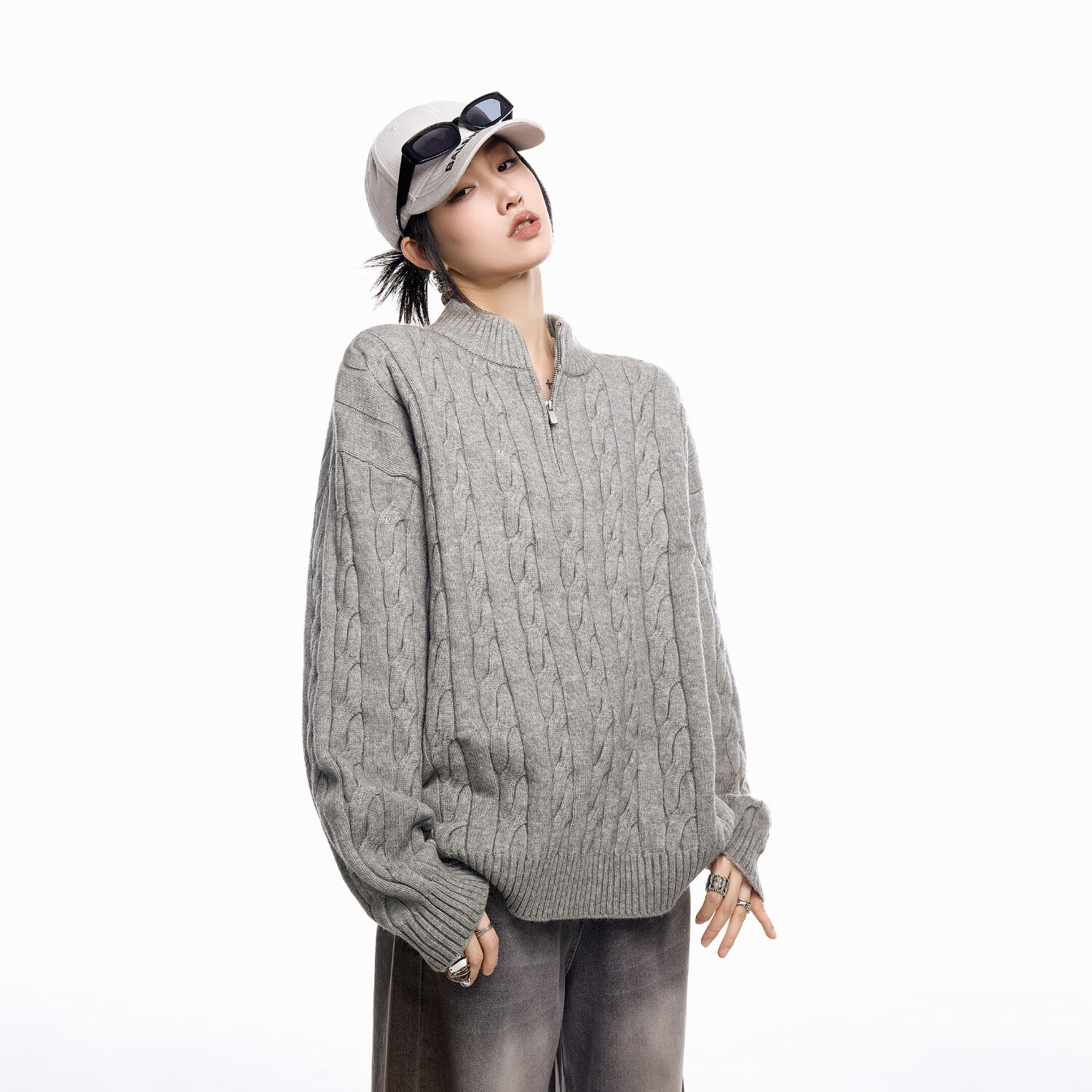 ICH MODE美式老钱风半拉链套头毛衣女秋冬季polo衫毛针织衫上衣 花灰色 L