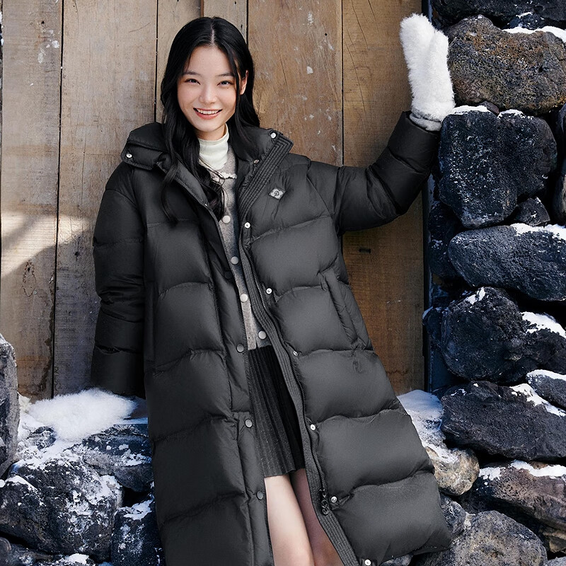 乐町【火山岩】乐町H身型长款面包羽绒服2025年冬季新款波浪绗线外套 乌黑(现货) XS