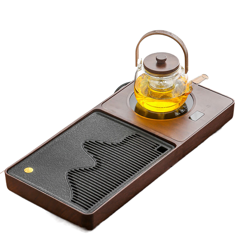 祥業(yè)汝窯茶具套裝家用一整套輕奢客廳小型茶盤自動茶臺燒水壺一體 a萬里山河一體茶盤-胡桃木色+玻
