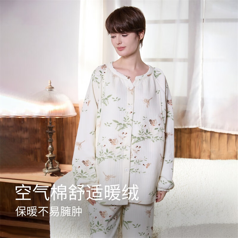 ROVO纯棉孕妇月子服睡衣产后哺乳100%纯棉开衫套装喂奶专用居家服 木槿花【秋冬款  适用于0℃-17℃】 L（适合于120-140斤）