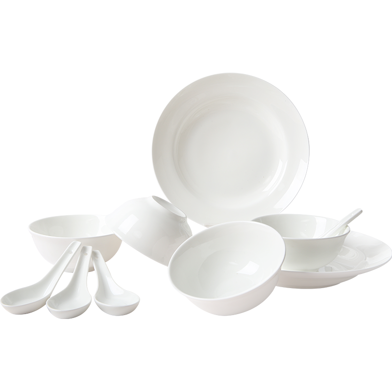 玉泉 白瓷系列骨瓷餐具套装米饭碗碟盘子厨房套件陶瓷餐具 高淳陶瓷 线条 10件