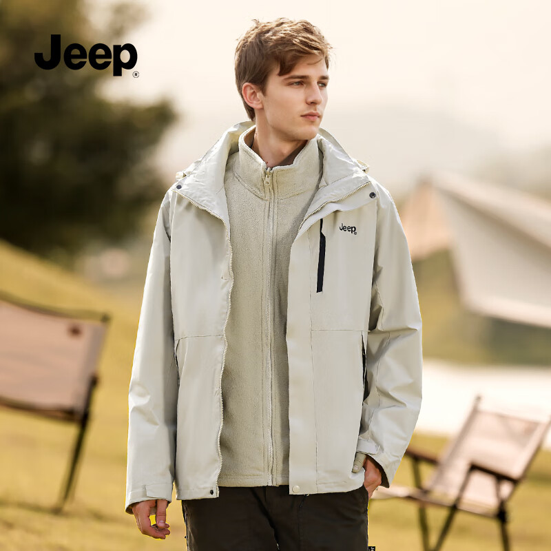 JEEP男装秋冬季2025新品男士户摇粒两件套外锋夹克上衣休闲连帽外套 084卡其【25年升级款】 XL