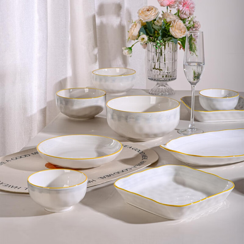 想迦月如烟系列陶瓷餐具2025新款高颜值餐具陶瓷碗盘釉下彩乔迁送礼 8人食32件套装【月如烟】