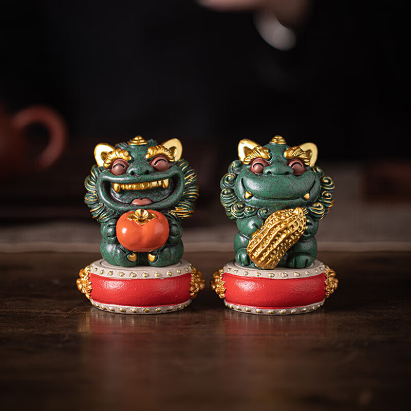 YWZR中式狮子茶宠摆件带底座茶桌茶台茶玩可爱系礼盒装送礼 22_前程似锦-元宝款_(千里江山礼盒装)