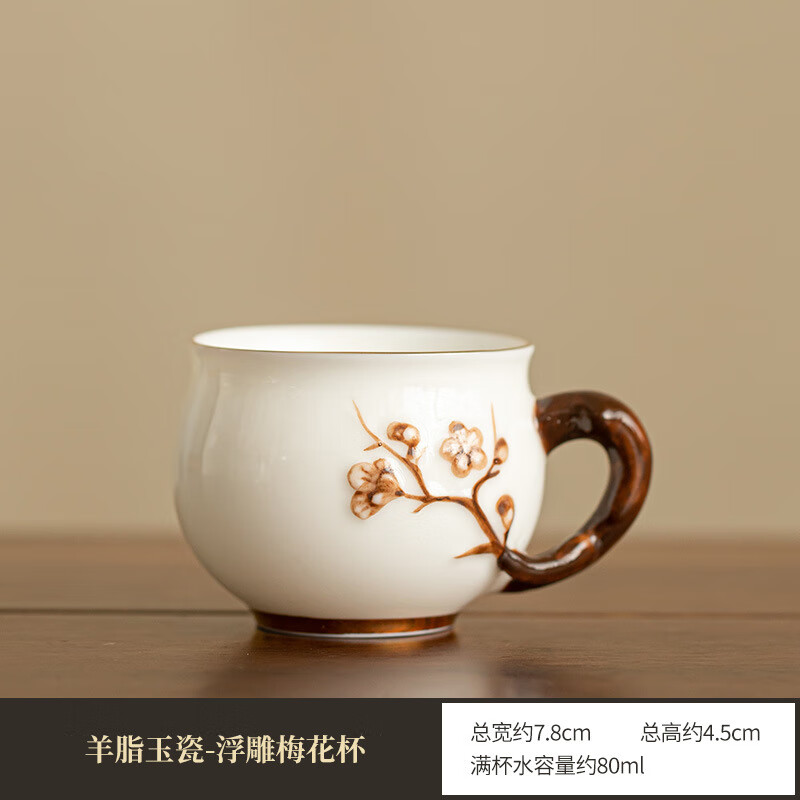景盏景德镇工艺德化茶具羊脂玉手工捏花茶杯陶瓷茶具主人杯品茗杯咖啡 羊脂玉瓷-浮雕梅花杯