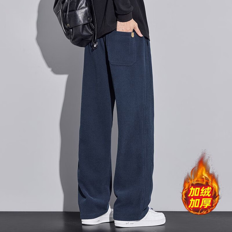 斜纹针织休闲裤男秋冬季2025新款加绒加厚直筒卫裤保暖裤子K 藏蓝色 加绒加厚 4XL (175-190斤)