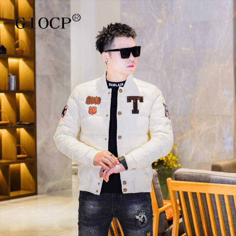GIOCP香港潮牌冬季新款立领棒球服夹克羽绒服男士修身帅气90白鸭绒外套 白色 M