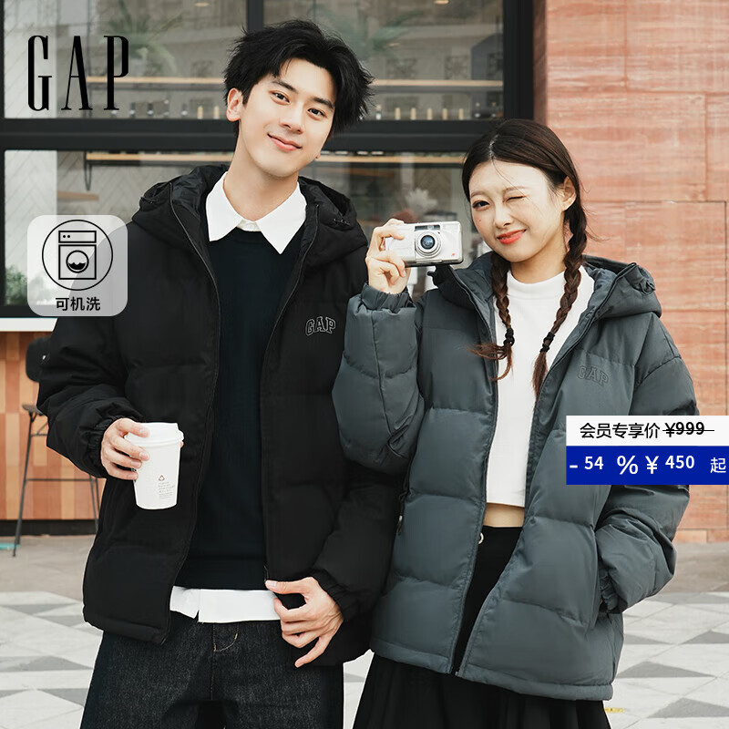盖璞Gap男装2025秋季新款logo宽松连帽泡芙羽绒服百搭简约外套791896 深灰色 L (175/96A)亚洲尺码 【偏大，建议拍小一码】
