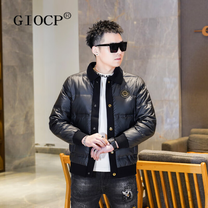 GIOCP香港潮牌潮流修身羽绒服男士2025冬季新款毛衣翻领保暖轻便外套男 黑色 M