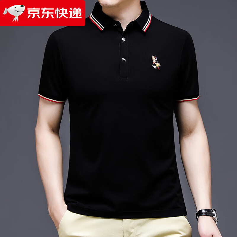 利郎2025夏季新款絲光棉男士T恤刺繡翻領(lǐng)套頭純色時(shí)尚商務(wù)短袖T恤男裝 152HB8053黑色 M 165