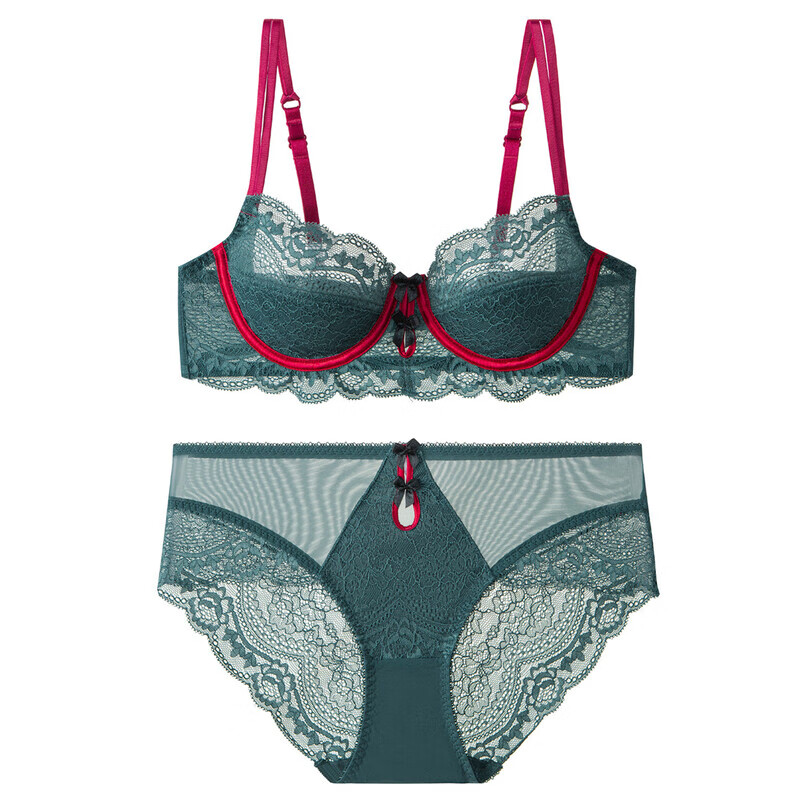 VICTTORIS BARS维多软钢圈大胸显小弹力带不滑肩红蕾丝性感薄款透气纯欲内衣套装 绿色套装 95C 95/42C配2XL码内裤