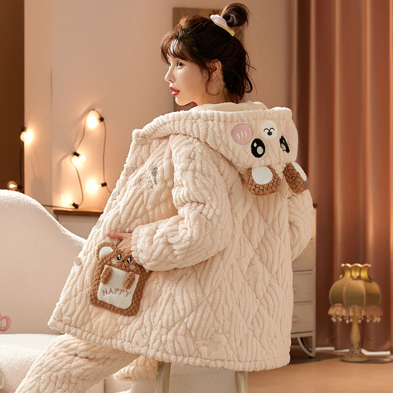 chunnian女士睡衣女冬季保暖珊瑚绒加厚加绒三层夹棉法兰绒带帽家居服套装 XEQN-2381【外套+裤子】 2XL