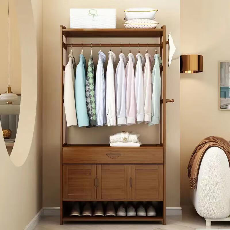 倘然之家衣帽架落地简易卧室衣架房间立式家用挂衣架置物架衣服收纳多功能 【带门带抽】鞋拖款衣帽架-70长