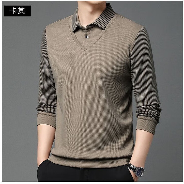 【年终大促】秋冬新款长袖假两件高档休闲打底翻领男POLO衬衫zcy 卡其色 加绒加厚 L 110-130斤