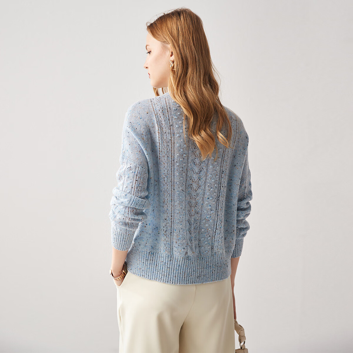 帕罗（PALUOPO）【100%山羊绒】秋冬镂空绞花设计淑女宽松气质针织羊绒衫女 天兰彩点 M 100