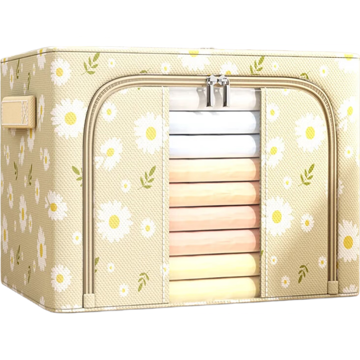 布艺衣物钢架收纳箱折叠衣柜大容量被子整理箱换季搬家百纳箱 米色-单窗66L【3个装】