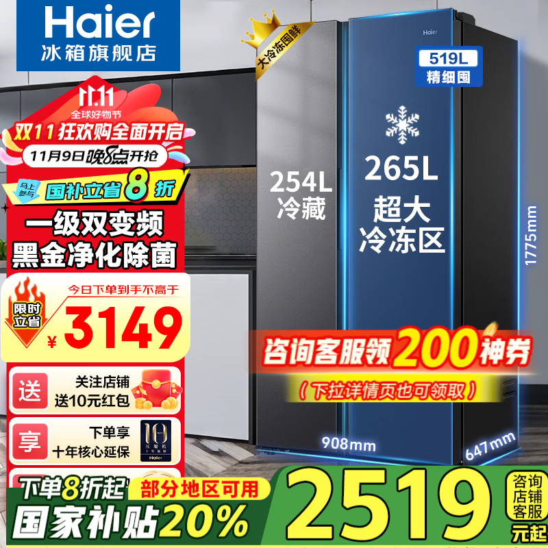 海尔(Haier)【新品】冰箱519升双开门家用囤货大容量大冷冻对开门超薄一级双变频风冷无霜净味嵌入式电冰箱 【新品】519升+265L大冷冻+黑金净化