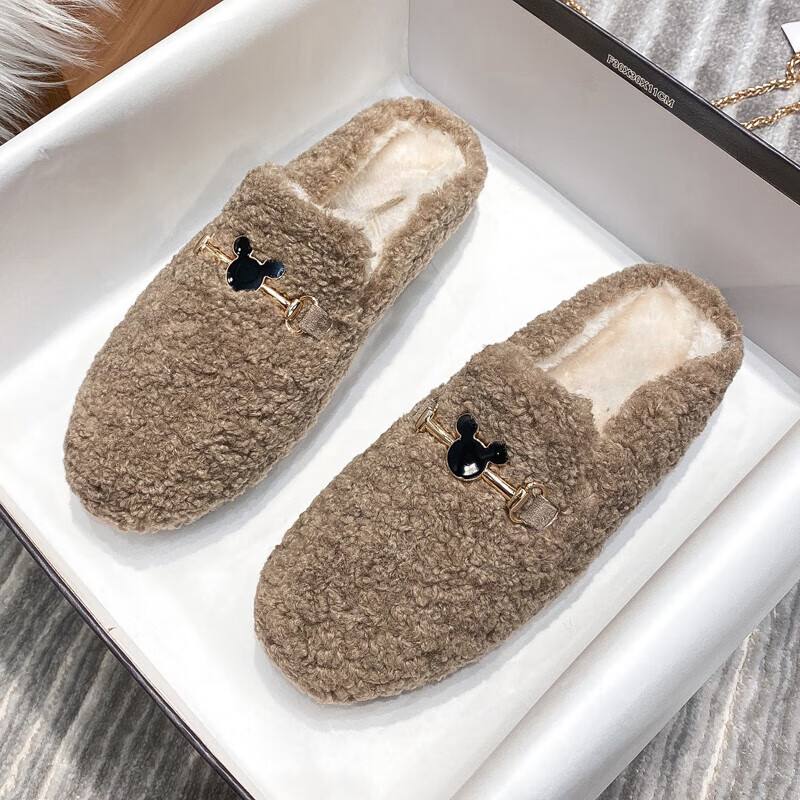 AILUKI日本毛毛鞋女半拖秋冬外穿穆勒鞋加绒包头棉拖鞋平底大码女棉鞋 黑色 33