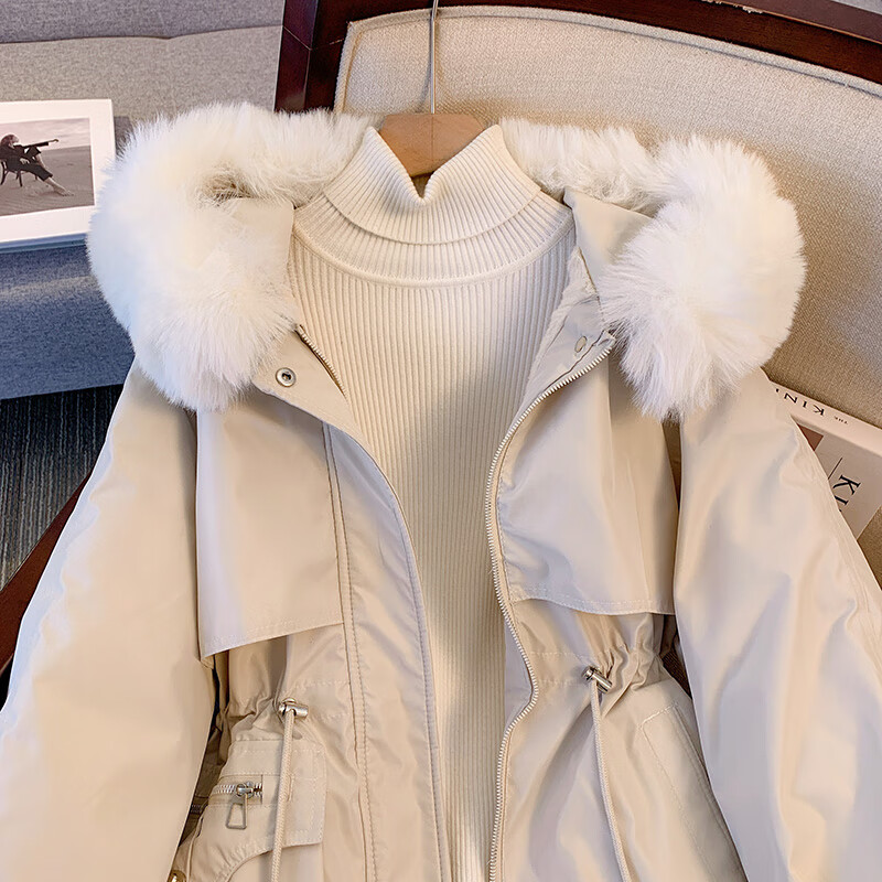 爱依服名品派克服女冬季加绒棉服年新款收腰显瘦小个子加厚棉衣棉袄外套 米白色 M