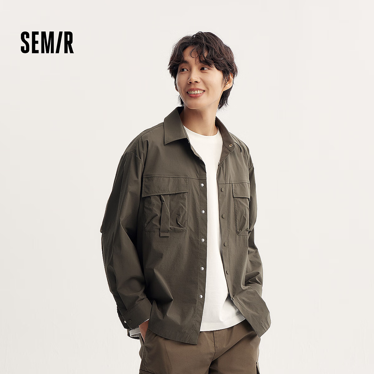森马（Semir）长袖衬衫男外穿式山系户外工装外套宽松纯色百搭秋冬装翻领上衣 军绿40613 M