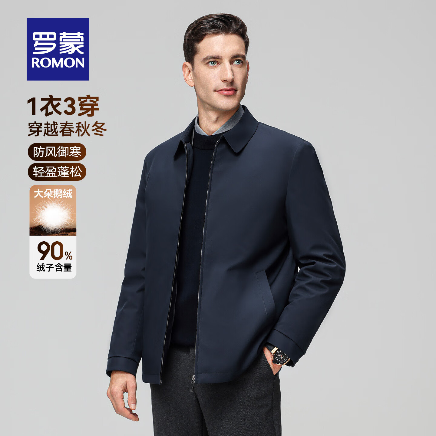 罗蒙(ROMON)夹克翻领羽绒服男冬季新款商务行政干部装外套中老年爸爸装羽绒服 藏青色【可拆卸内胆鹅绒款】 L (175) 【建议120-135斤】