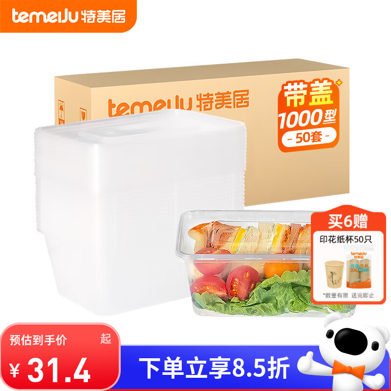 特美居（temeiju）一次性饭盒长方形透明塑料快餐盒加厚带盖打包盒餐具50套装1000型