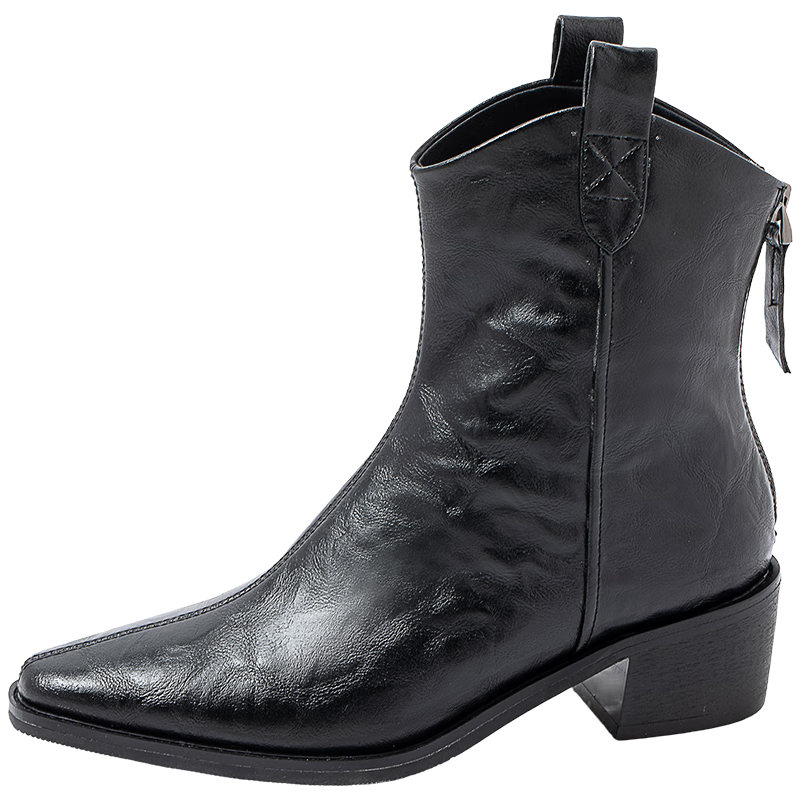 康莉(COMELY)美式西部牛仔靴女2025冬新款復(fù)古小個(gè)子增高短靴 黑色-絨里 36