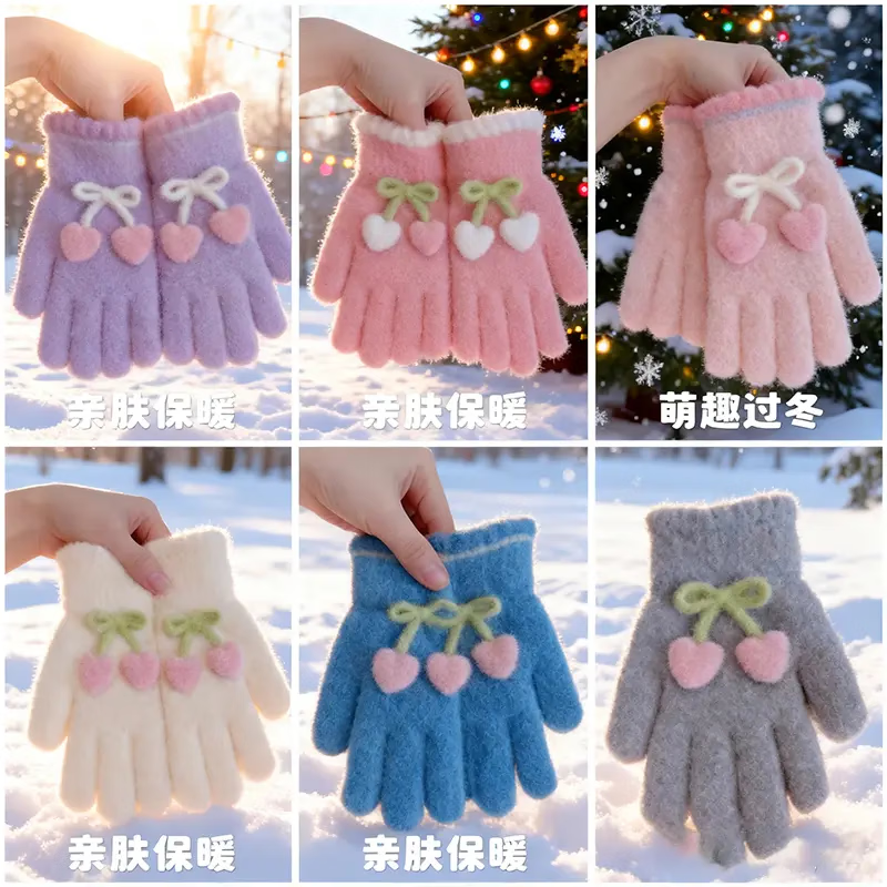 朋意儿童4-10岁冬季樱桃五指分指手套男女童宝宝防寒保暖可爱卡通学生 小樱桃五指-紫色_4-10岁 无规格
