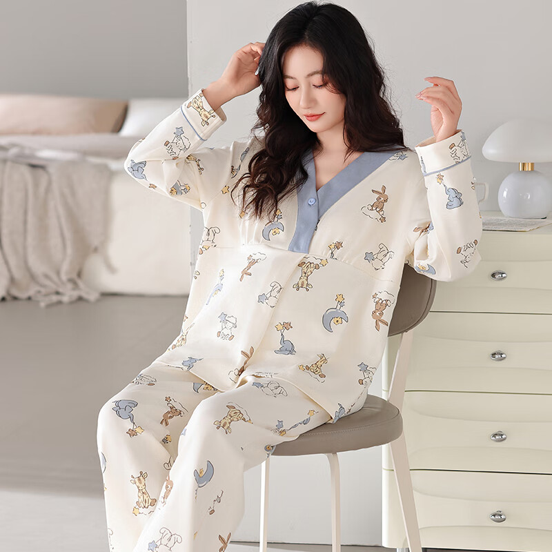 婧麒月子服纯棉全棉吸汗带胸垫秋冬款产后哺乳睡衣孕妇喂奶家居服 兔兔庄园 2XL