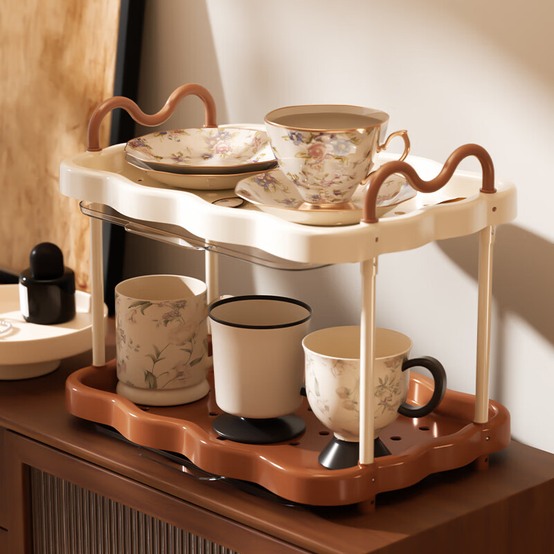 聚可爱杯子收纳置物架桌面放咖啡杯碟沥水分层托盘架复古大容量水杯架子 二层-奶咖色 京东折扣/优惠券