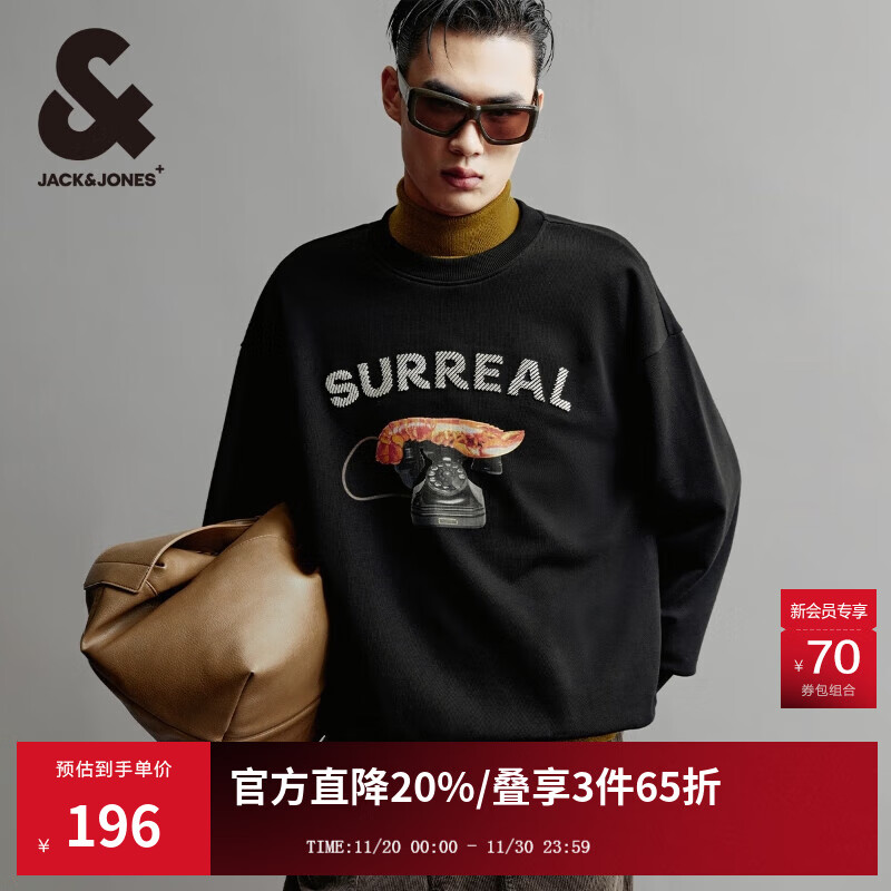 杰克·琼斯（JACK&amp;JONES）男装DALI联名款秋季新款字母胶印略宽松圆领卫衣男款225133049 黑色E40 常规 M