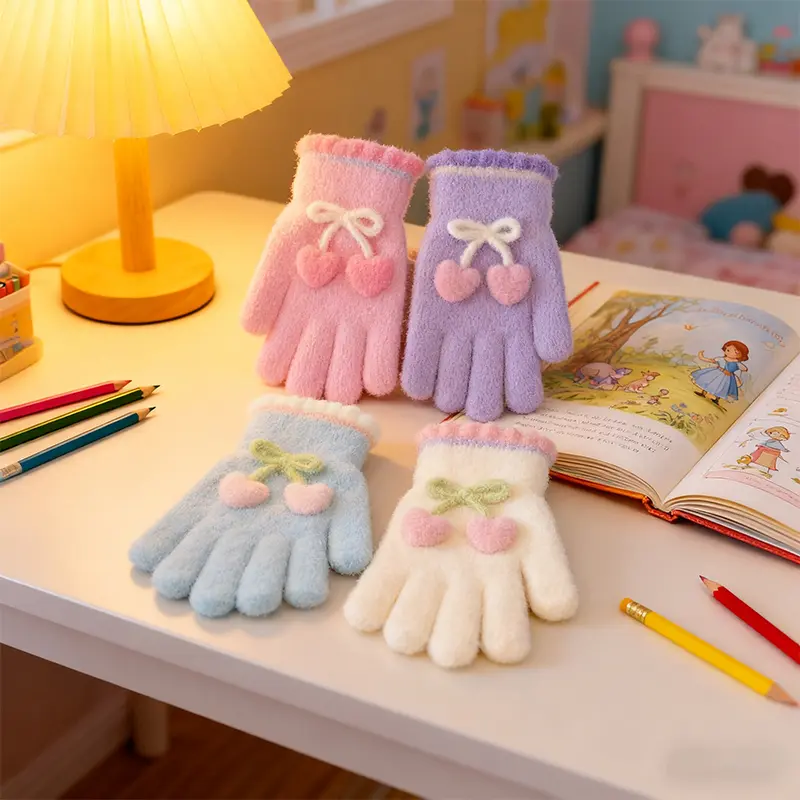 朋意儿童4-10岁冬季樱桃五指分指手套男女童宝宝防寒保暖可爱卡通学生 小樱桃五指-紫色_4-10岁 无规格