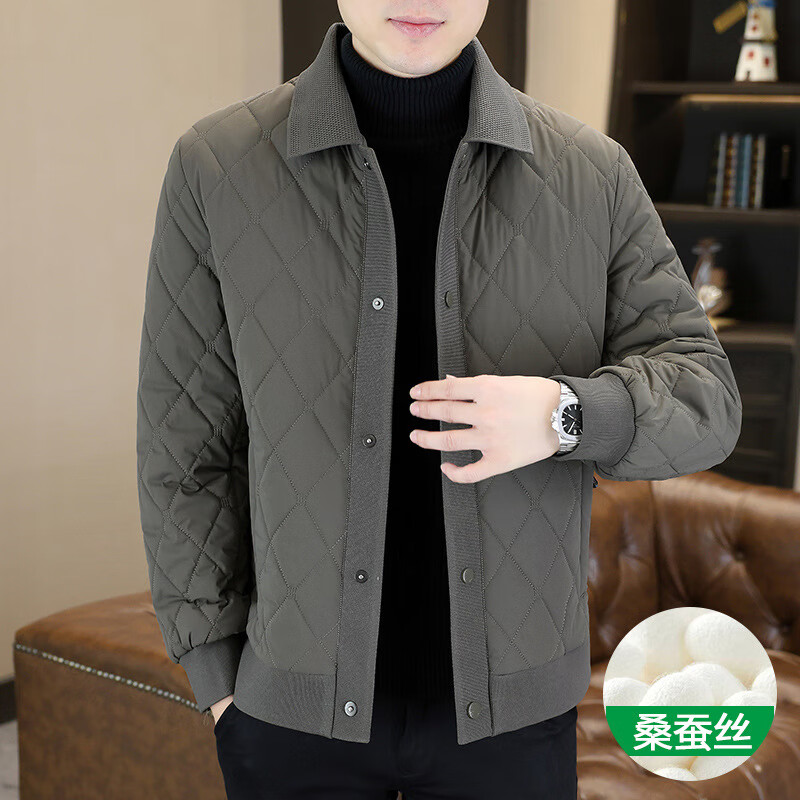 劲霸羽绒服新款桑蚕丝棉衣男士冬季轻薄棉服外套休闲加厚翻领棉袄上衣 灰色 XL 120-135斤