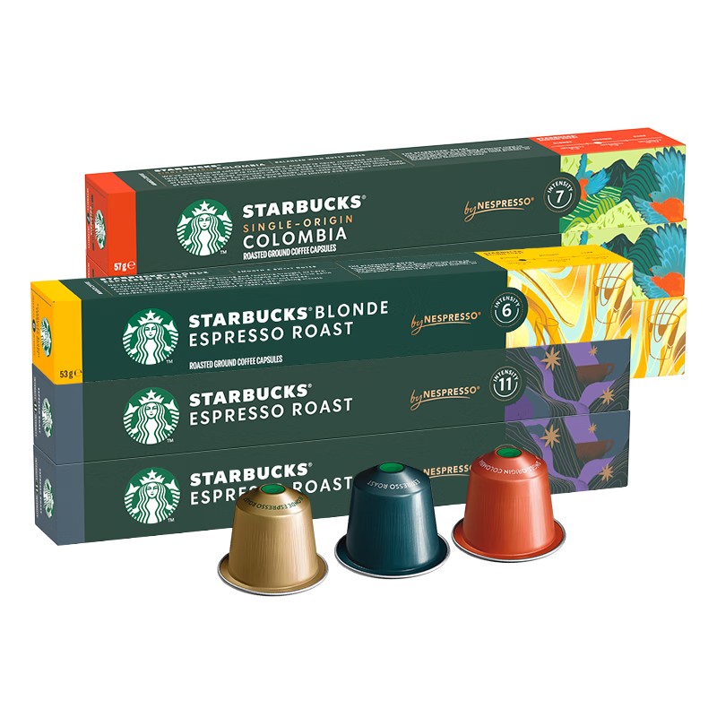 星巴克（Starbucks）【瑞士進(jìn)口】膠囊咖啡粉濃縮美式咖啡多口味適配Nespresso膠囊機(jī) 【口感三重奏】意式*2+哥倫比亞*2+輕度*2