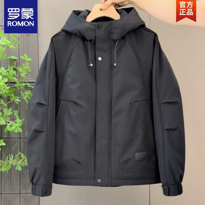罗蒙（ROMON）二棉男士连帽外套休闲百搭户外夹棉夹克轻奢男装潮流工装棉衣服男 黑色 3XL 建议170-185斤