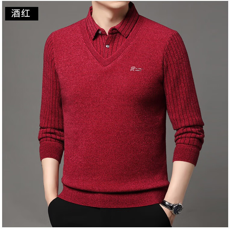 YOUNVFR男士假两件雪尼尔保暖T恤中年加绒加厚一体绒毛衣打底衫 灰色 XL