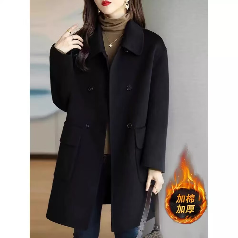 双面大衣女小个子2025秋冬新款黑色呢子高级感中长款毛呢外套 黑色【加棉款】 L 【建议100-113斤】